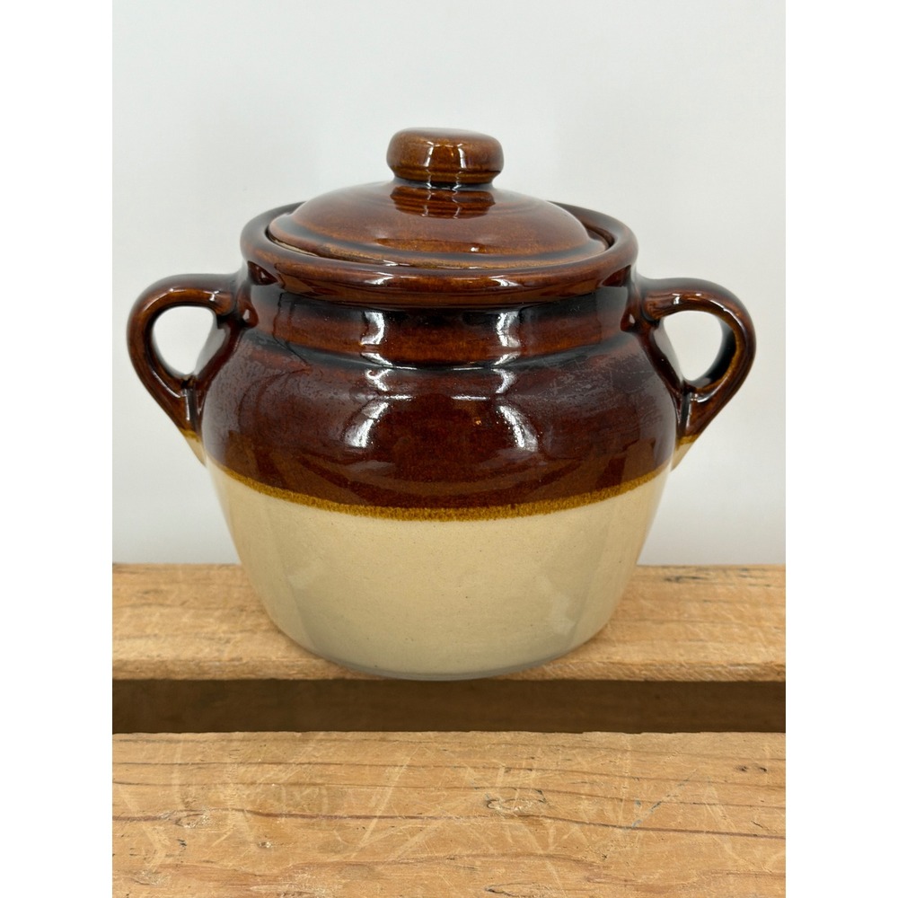 Vintage Monmouth Stoneware 5" Bean‎ Pot with Lid Ceramic Crock Handles New